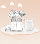 Breast pump with bottles on a light pink background