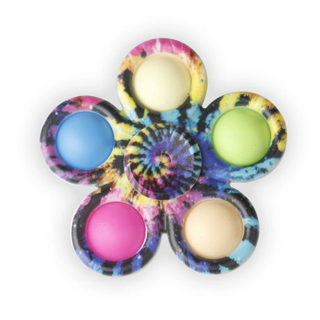 Colorful tie-dye fidget spinner with six different colored balls.