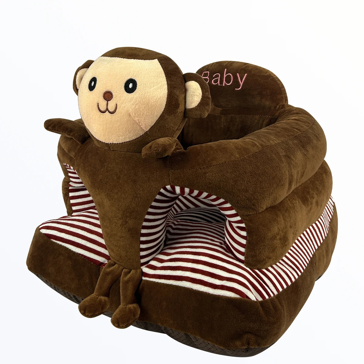 Brown monkey-shaped baby seat with striped interior on a white background