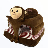 Brown monkey-shaped baby seat with striped interior on a white background