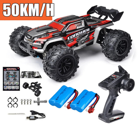 Toy truck with remote control, batteries, and accessories.