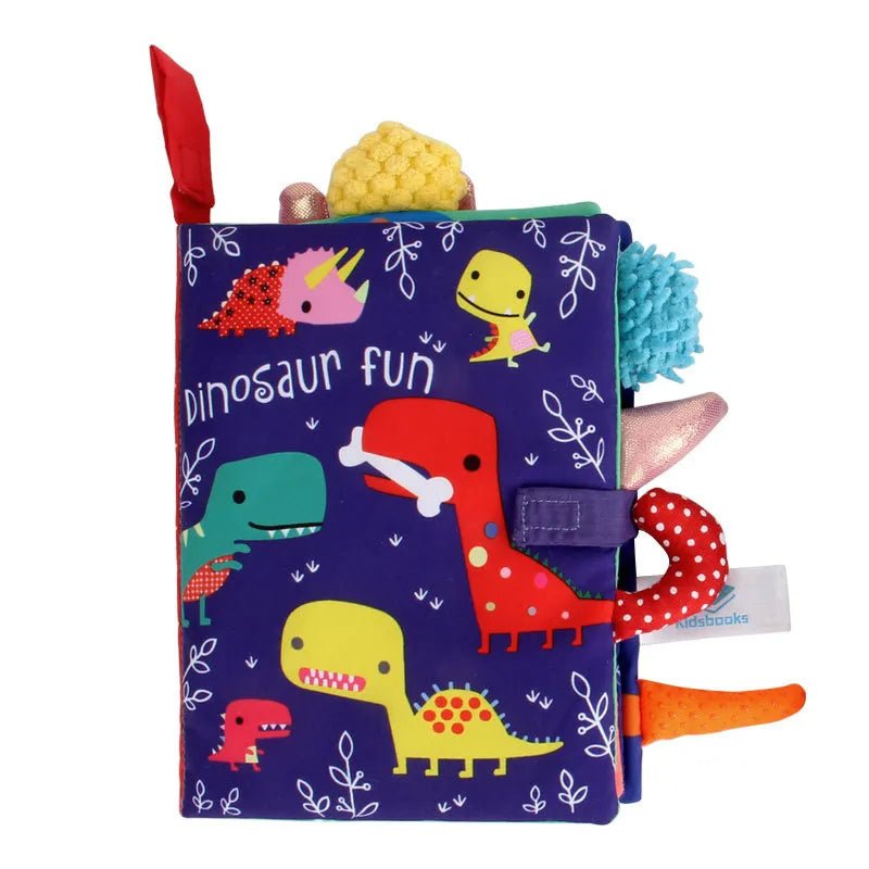 Children's soft book with dinosaur illustrations on a white background