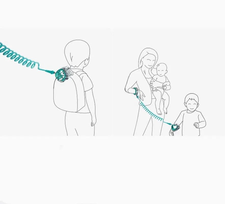 Illustration of a child's backpack with a leash, showing a parent and children using it.