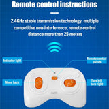 Remote control with labeled parts on a blue background with text about remote control instructions.