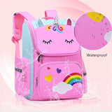 Pink unicorn backpack with rainbow and heart designs.