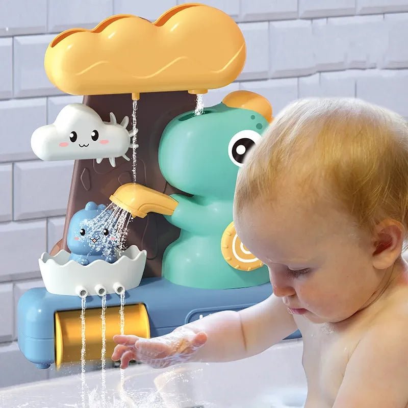Child playing with a colorful bath toy featuring a cloud, sun, and raindrop design.
