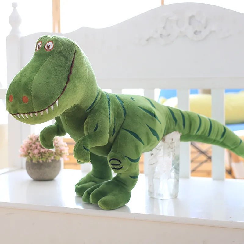 Green dinosaur plush toy on a white surface
