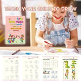 Child drawing with a coloring book titled 'Sank Magic Practice Copybook' on a table.