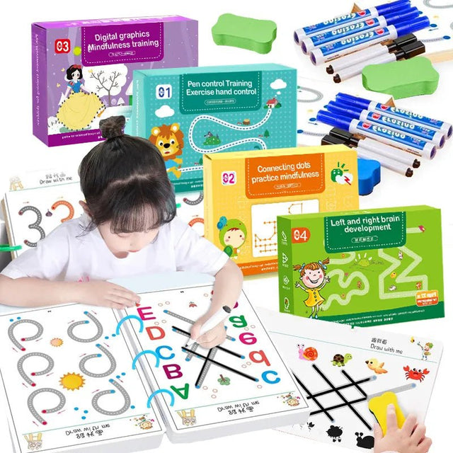 Child engaged with educational toys and materials, including markers and activity sheets.