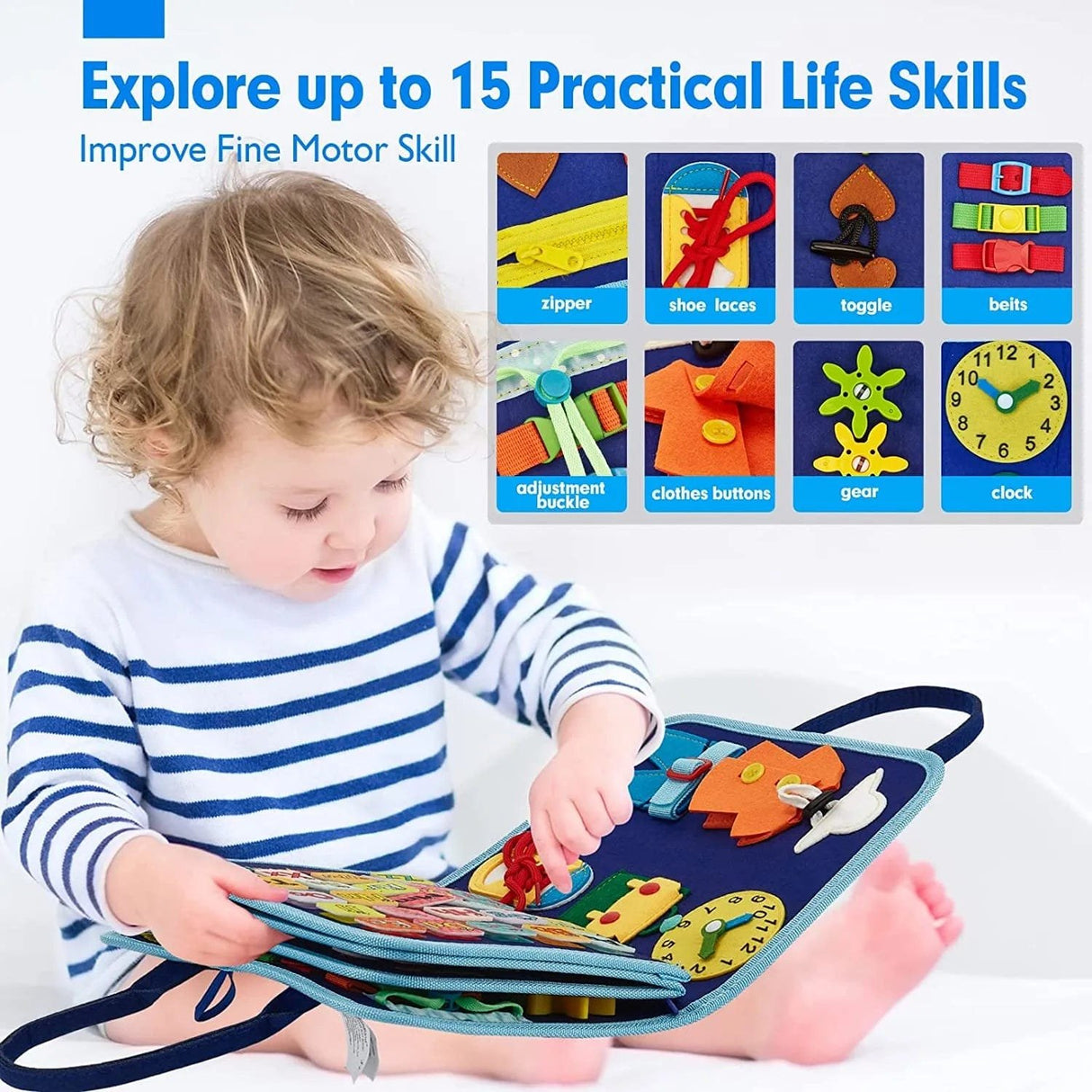 Child playing with an educational toy that teaches practical life skills, with a set of cards displaying various activities in the background.