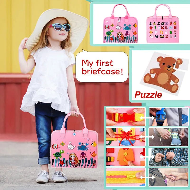 Child holding a pink briefcase with various toys and activities depicted, including a puzzle and a toy car.