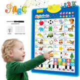 Child interacting with an educational poster with letters and numbers, featuring a screwdriver and hook on a white background.
