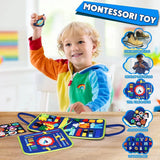 Child playing with a Montessori toy set on a table, with educational benefits displayed.