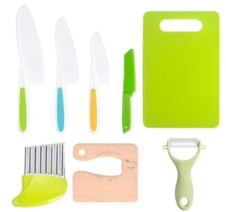 Set of kitchen utensils including knives, a cutting board, and other tools.