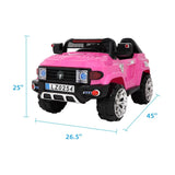 Pink toy car with dimensions labeled 