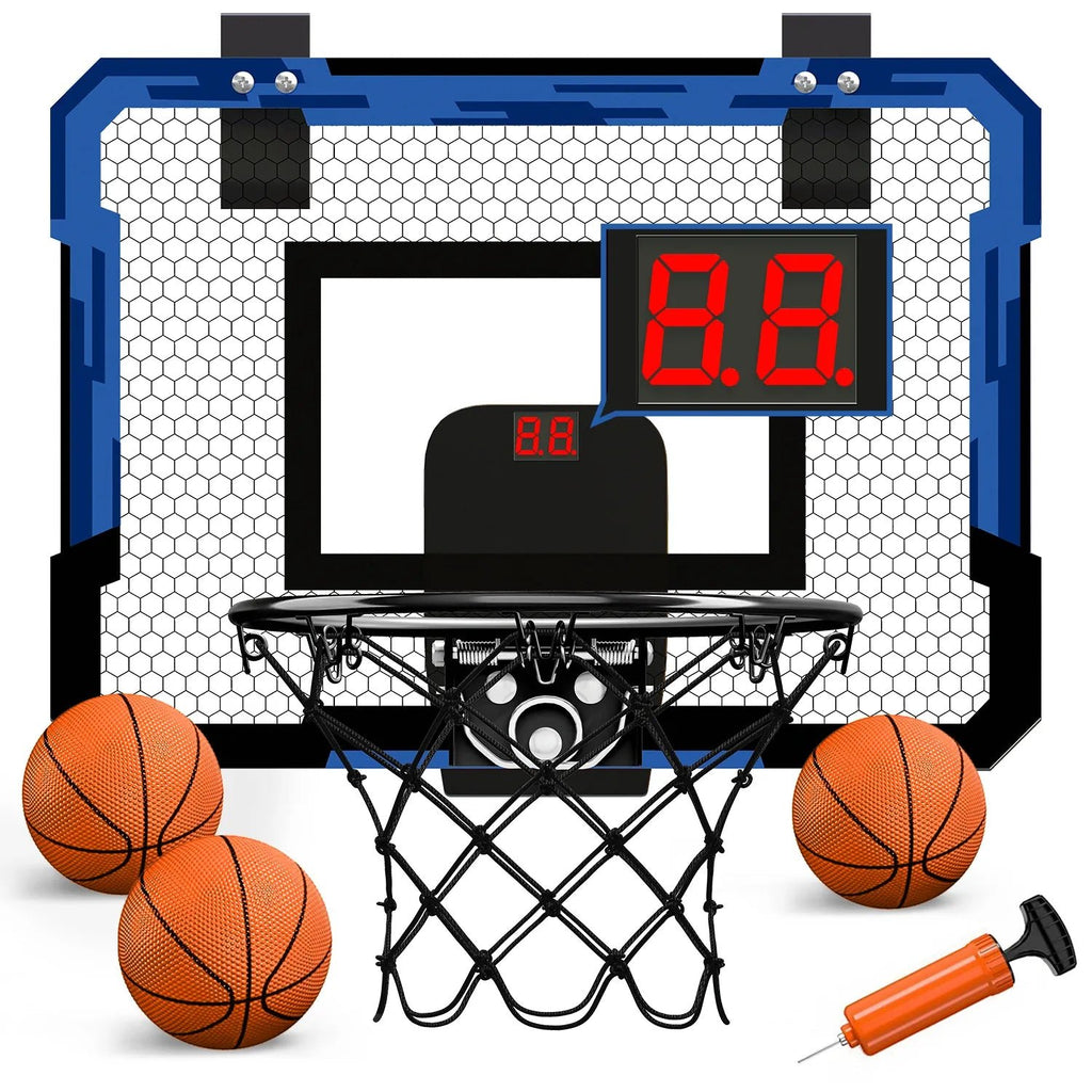 Mini basketball hoop set with digital scoreboard, basketballs, and pump 