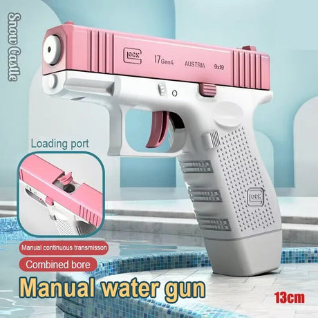 Pink and white water gun with detailed features.