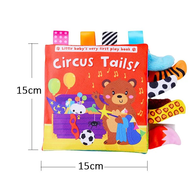 Children's soft book titled 'Circus Tails!' with colorful illustrations and text, displayed with dimensions.