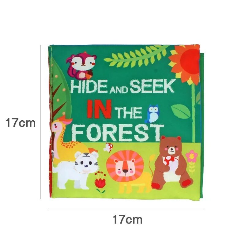 Children's book titled 'Hide and Seek in the Forest' with cartoon animals on a green background, size 17cm x 17cm.