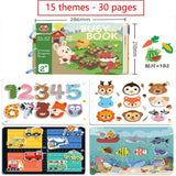Children's busy book with various educational activities and illustrations on a white background.