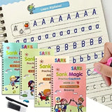 Children's educational books with alphabets and drawing activities, featuring the brand 'Sank'.