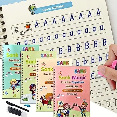 Children's educational books with alphabets and drawing activities, featuring the brand 'Sank'.