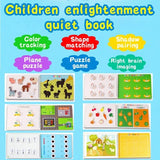 Children's enlightenment quiet book with various educational activities on a blue background