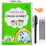 Children's exercise book with English alphabet theme, pen, and eraser on a white background