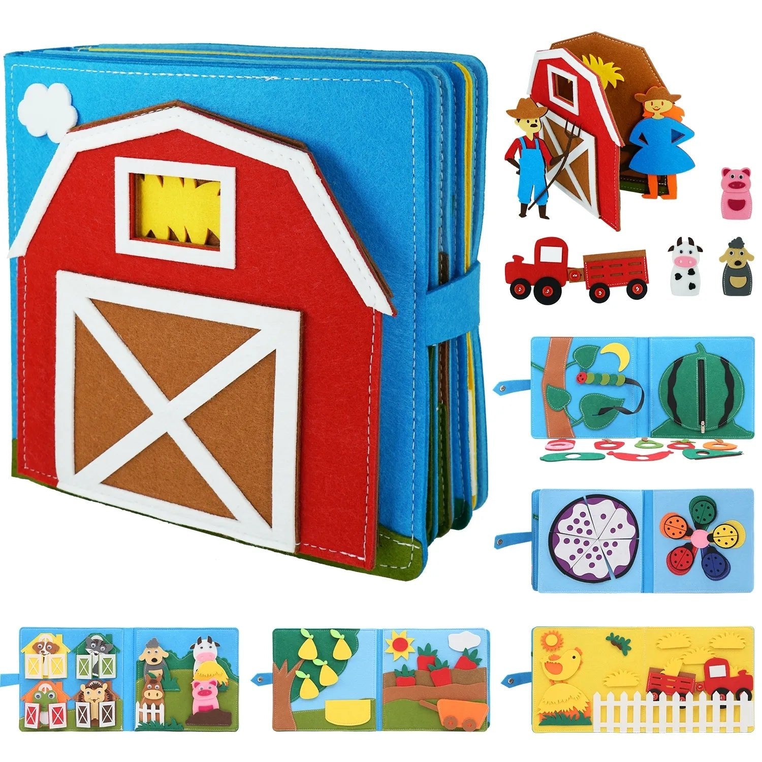 Children's farm-themed book with interactive elements on a white background