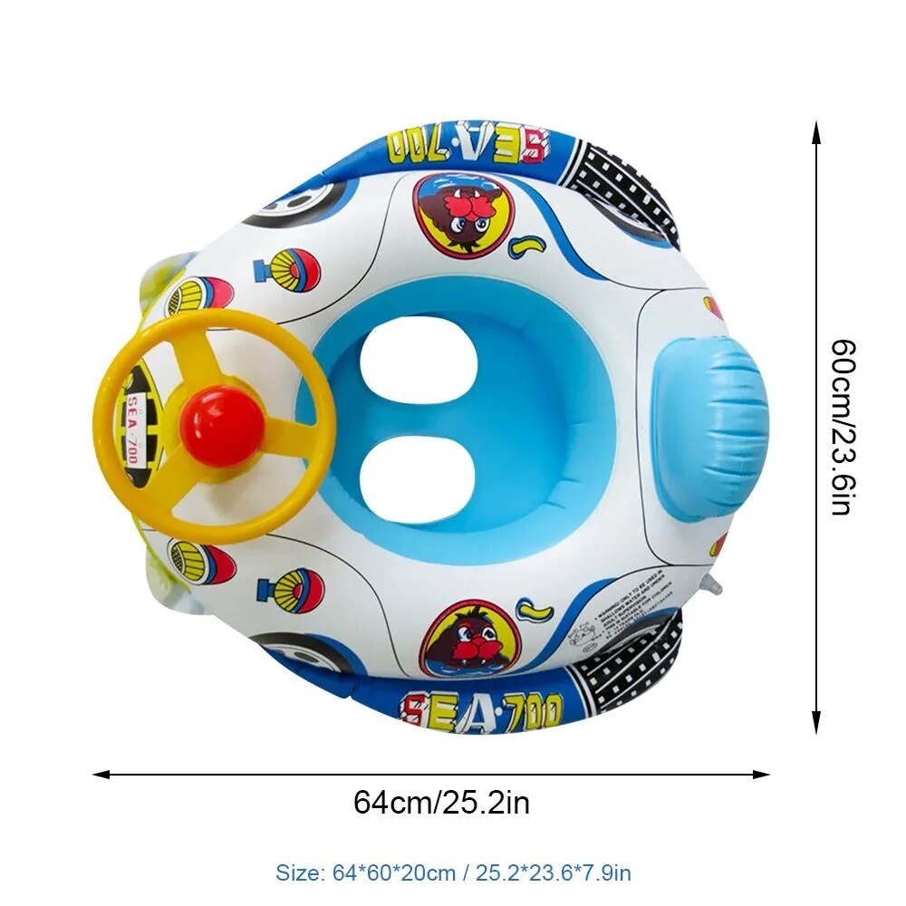Children's inflatable ring with steering wheel and vehicle-themed design, shown with dimensions on a white background.