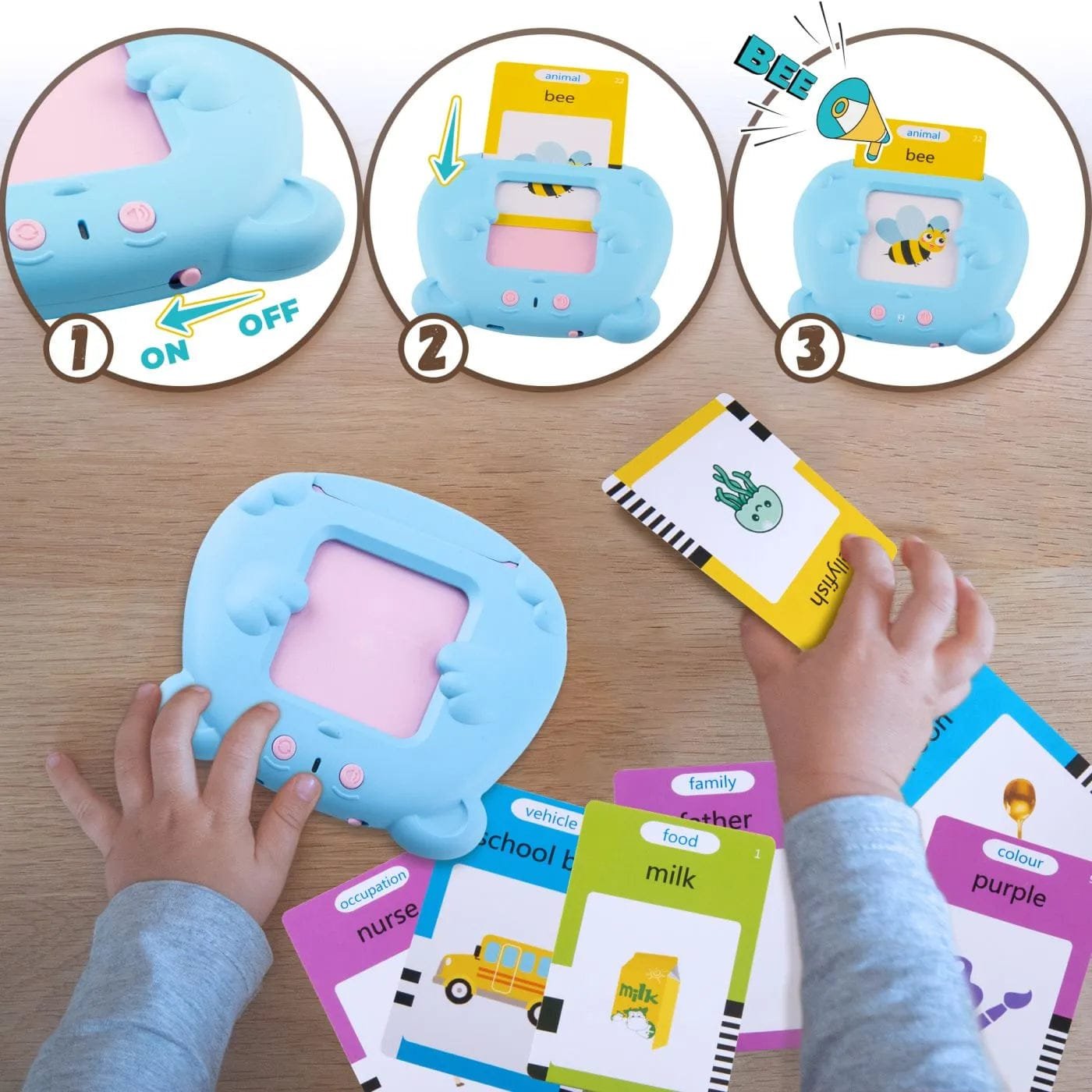 Children playing with a educational toy and flashcards on a wooden surface