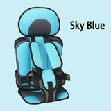 Children's safety seat with sky blue and black design on a light blue background