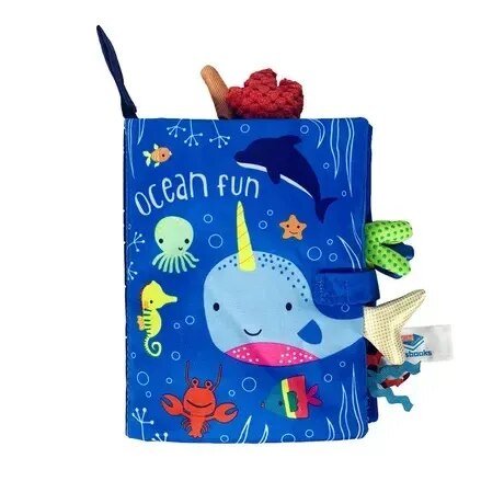 Children's soft book with ocean-themed illustrations on a white background