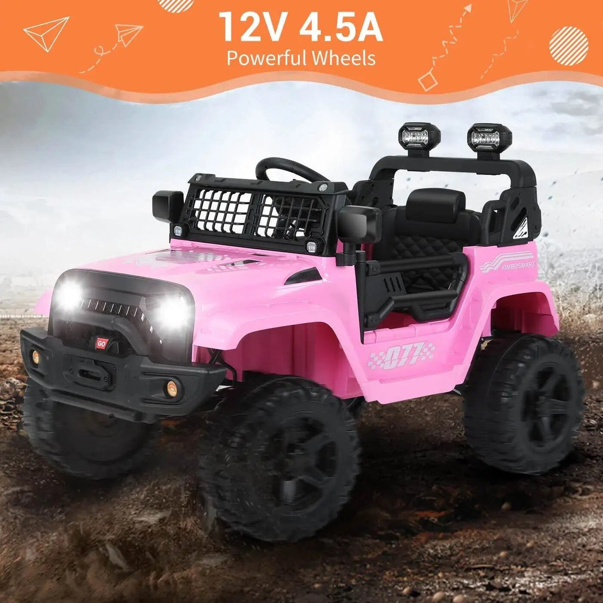 Pink toy truck with black details on a dirt road, featuring '12V 4.5A Powerful Wheels' text.