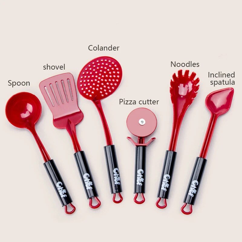Set of red kitchen utensils with labels 