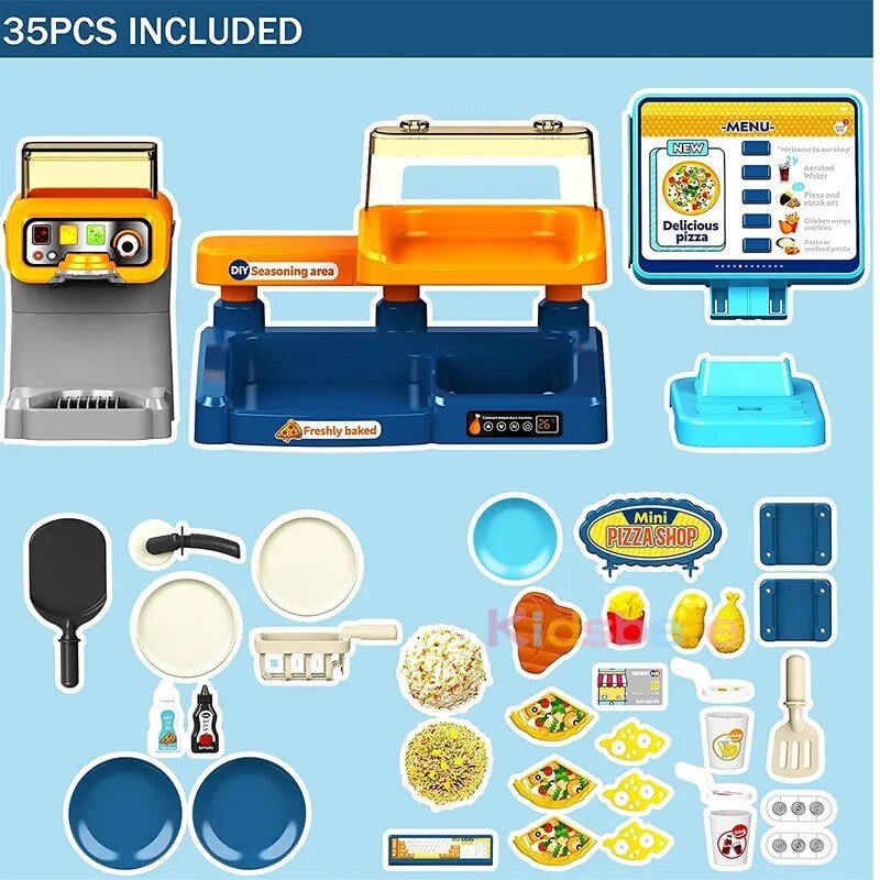 Toy pizza-making set with various components.