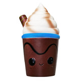 Chocolate ice cream cone with a face on a white background