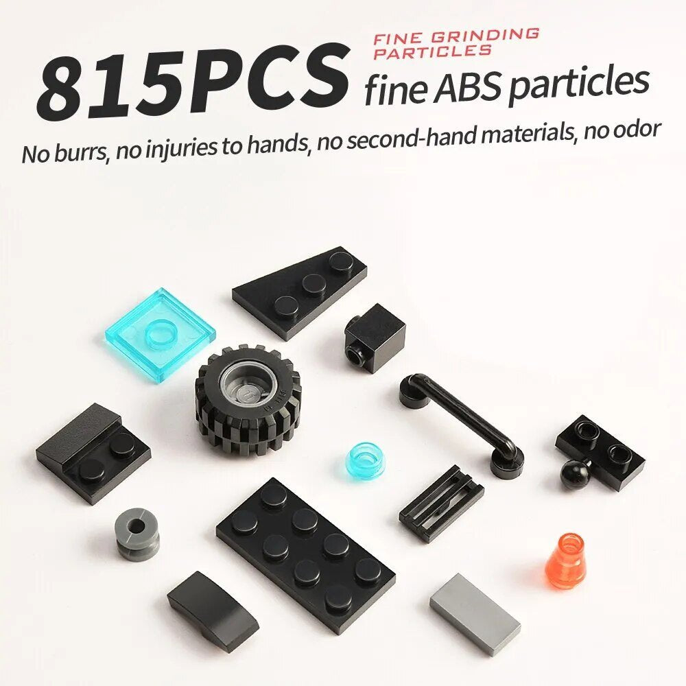 Assorted small mechanical parts on a white background with text about fine ABS particles.