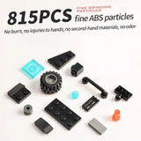 Assorted small mechanical parts on a white background with text about fine ABS particles.