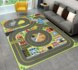 Colorful children's play rug with road design on a gray floor.
