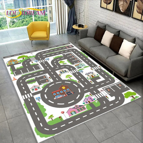 Children's play rug with road design in a living room setting