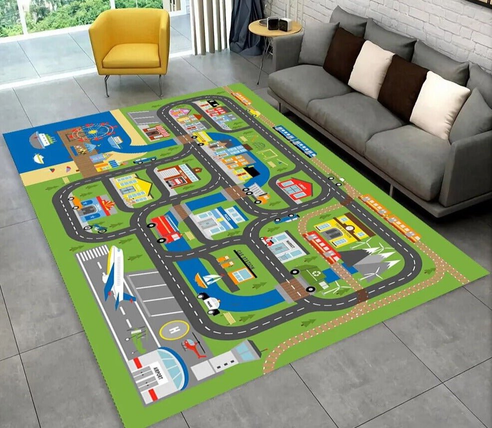 Colorful children's play rug with road and vehicle designs on a gray floor.