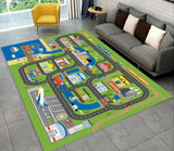 Colorful children's play rug with road and vehicle designs on a gray floor.