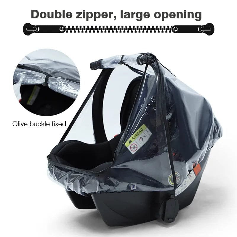 Baby car seat with a clear rain cover featuring a double zipper and large opening.