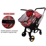 Baby stroller with a transparent rain cover and a double-zipper.
