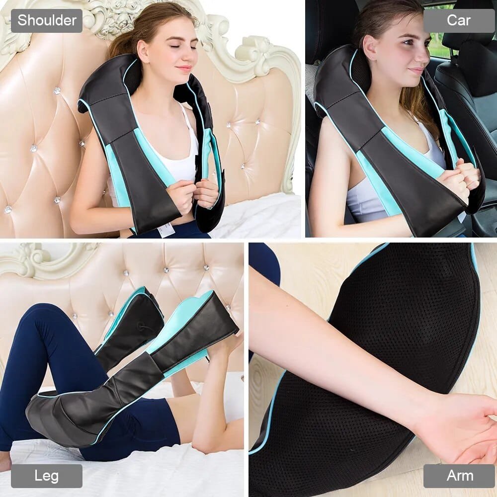Collage of a person using a black and blue massage device on different parts of their body including shoulder, car seat, leg, and arm.