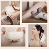 Collage of a person using a neck and shoulder massager with close-up shots on beige background