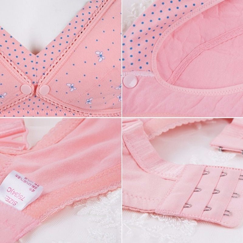 Collage of close-up details of a pink garment with butterfly pattern on a white background.