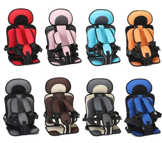 Collection of colorful children's car seats in various colors and patterns.