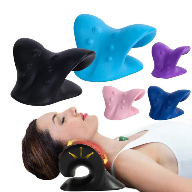 Collection of neck massagers in various colors with a woman using one.